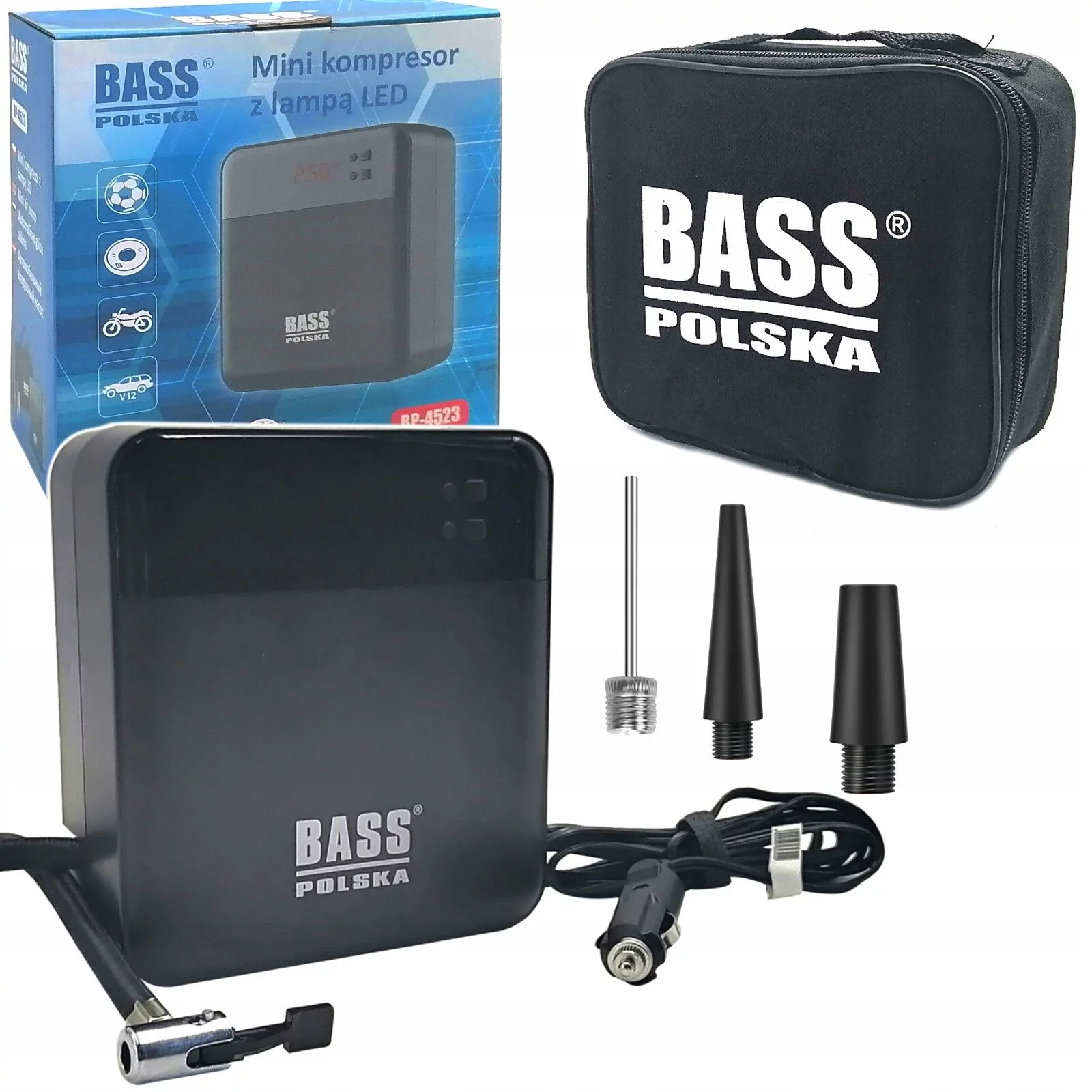 Mini kompresor z lampą LED i zestawem końcówek