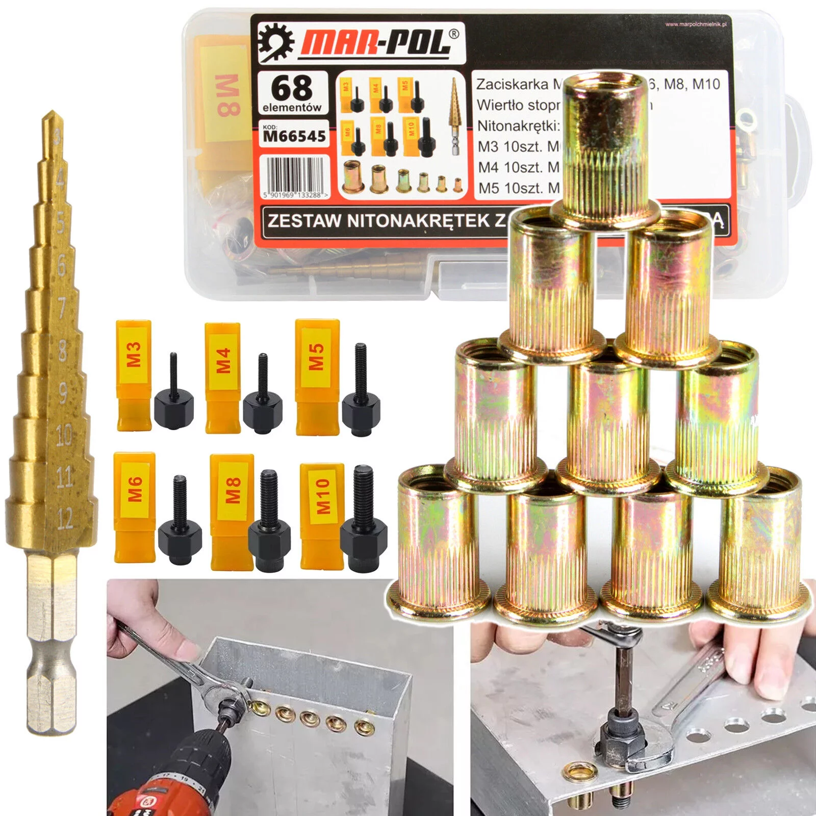 ZESTAW NITONAKRĘTEK z wiertłem + zaciskarka 68el.