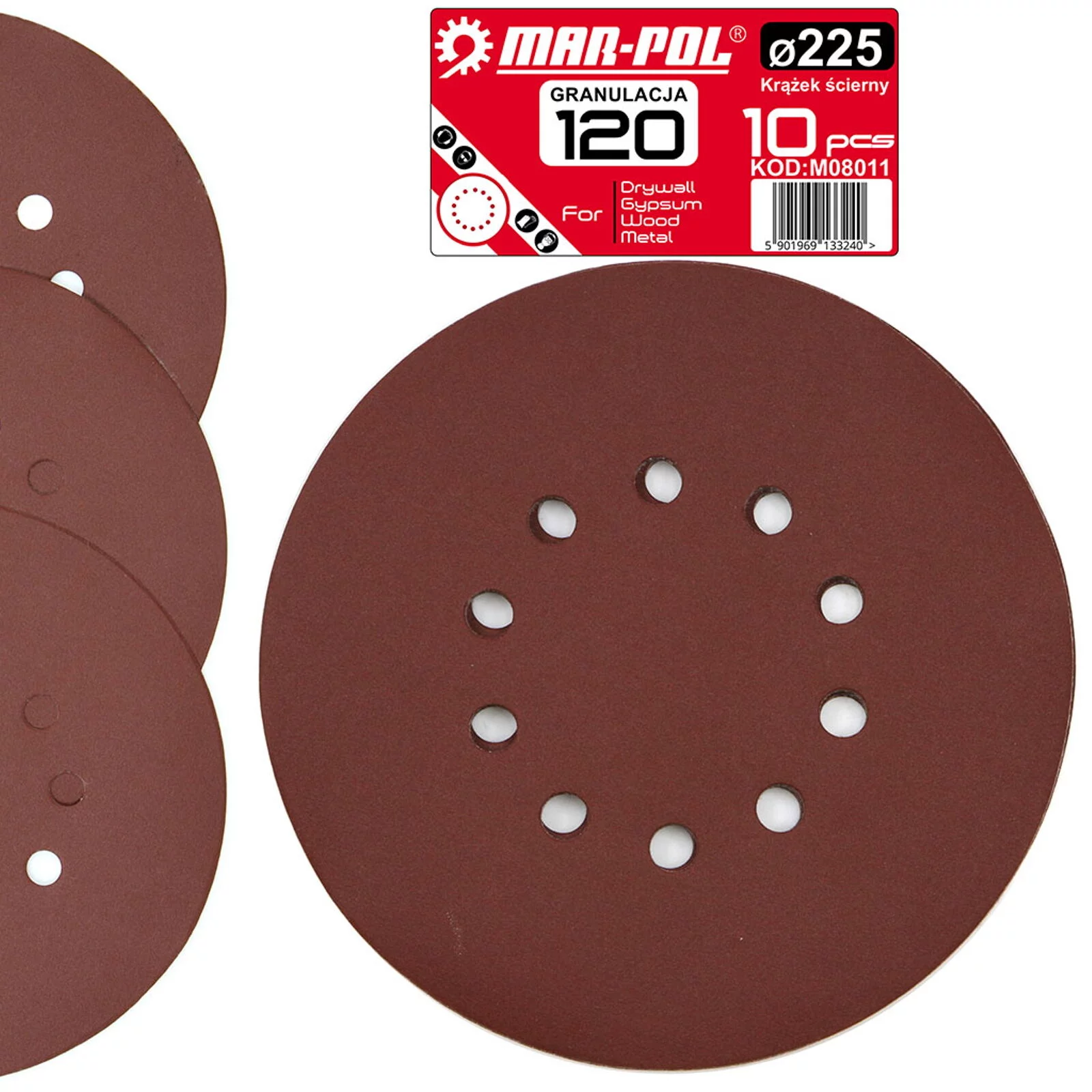 Papier ścierny na dysk z otworami 225mm P120 10SZT