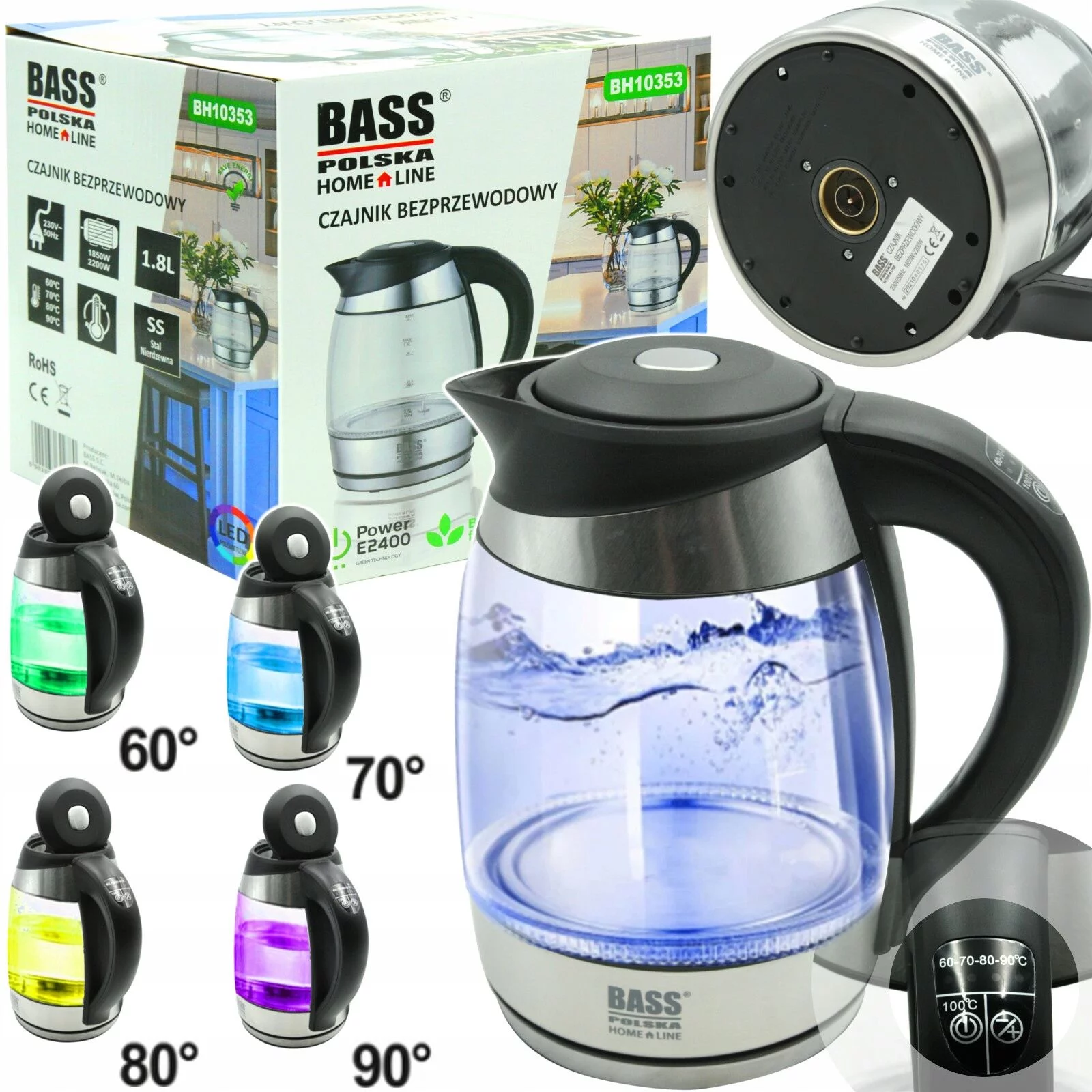 Bezprzewodowy czajnik 2200W LED z reg.temperatury