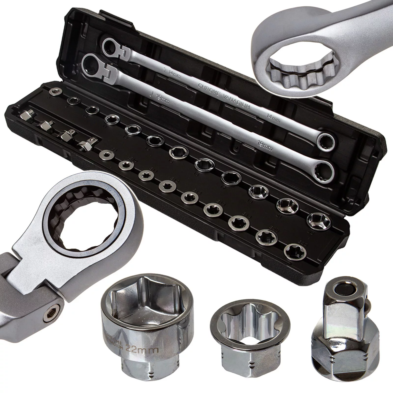 KLUCZE OCZKOWE Z GRZECHOTKĄ 27el + TORX