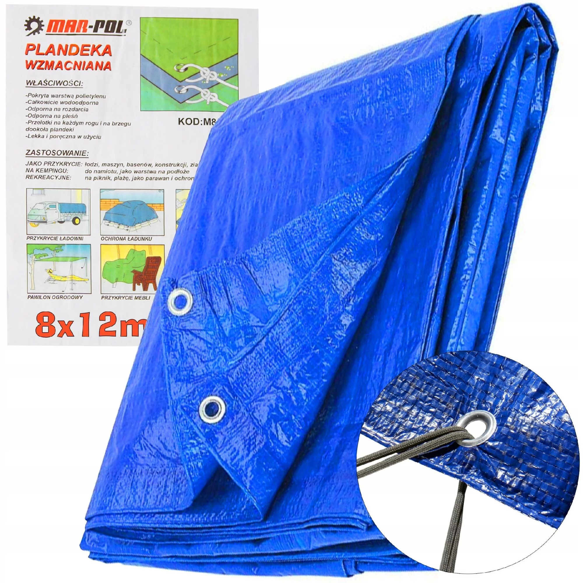 PLANDEKA OKRYCIE 8X12M PŁACHTA MROZOODPORNA WODOODPORNA WZMACNIANA 12X8M
