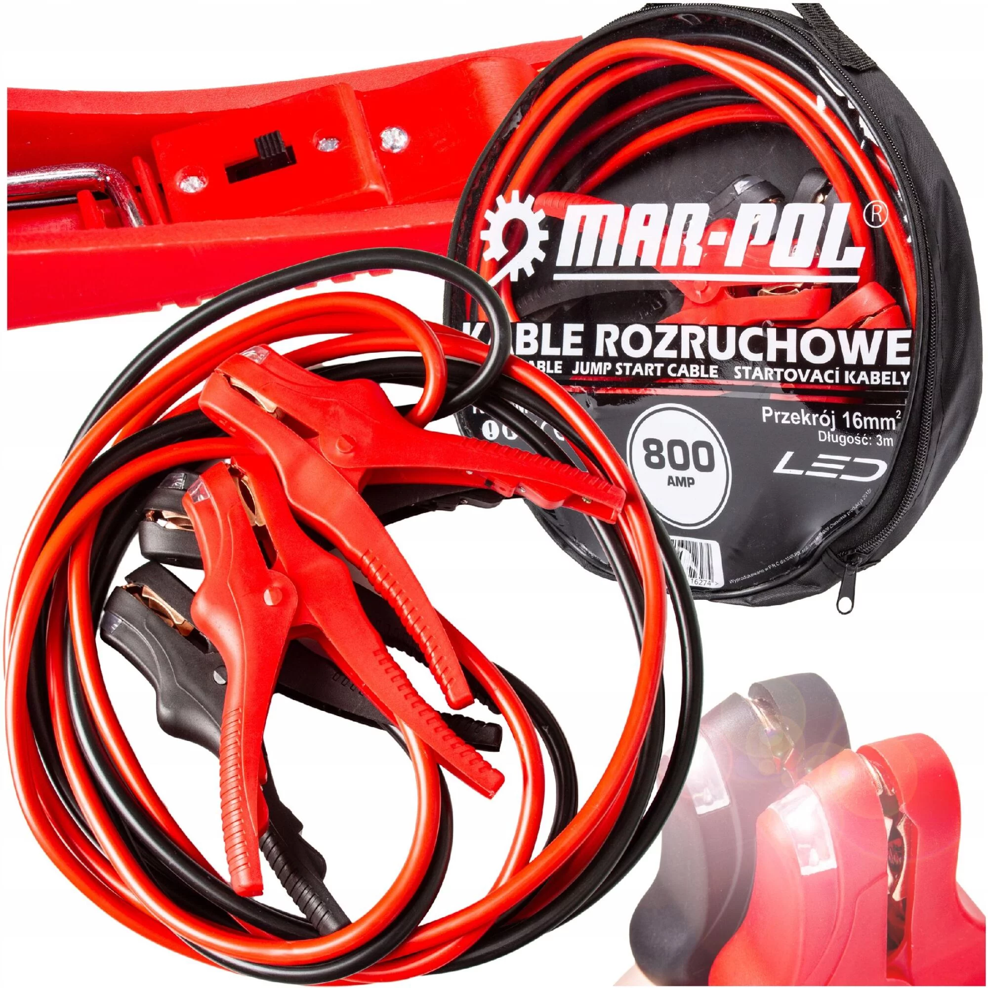 PRZEWODY KABLE ROZRUCHOWE Z DIODĄ LED 800A DŁUGOŚĆ 3M SOLIDNE GRUBE 16MM