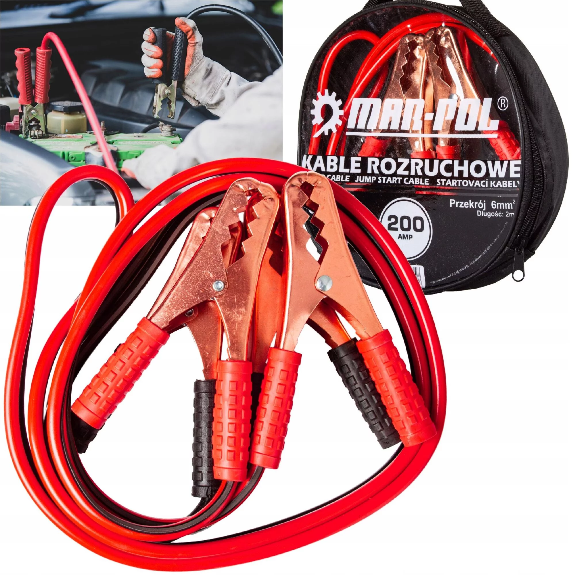 PRZEWODY KABLE ROZRUCHOWE 200A DŁUGOŚĆ 2M SOLIDNE GRUBE