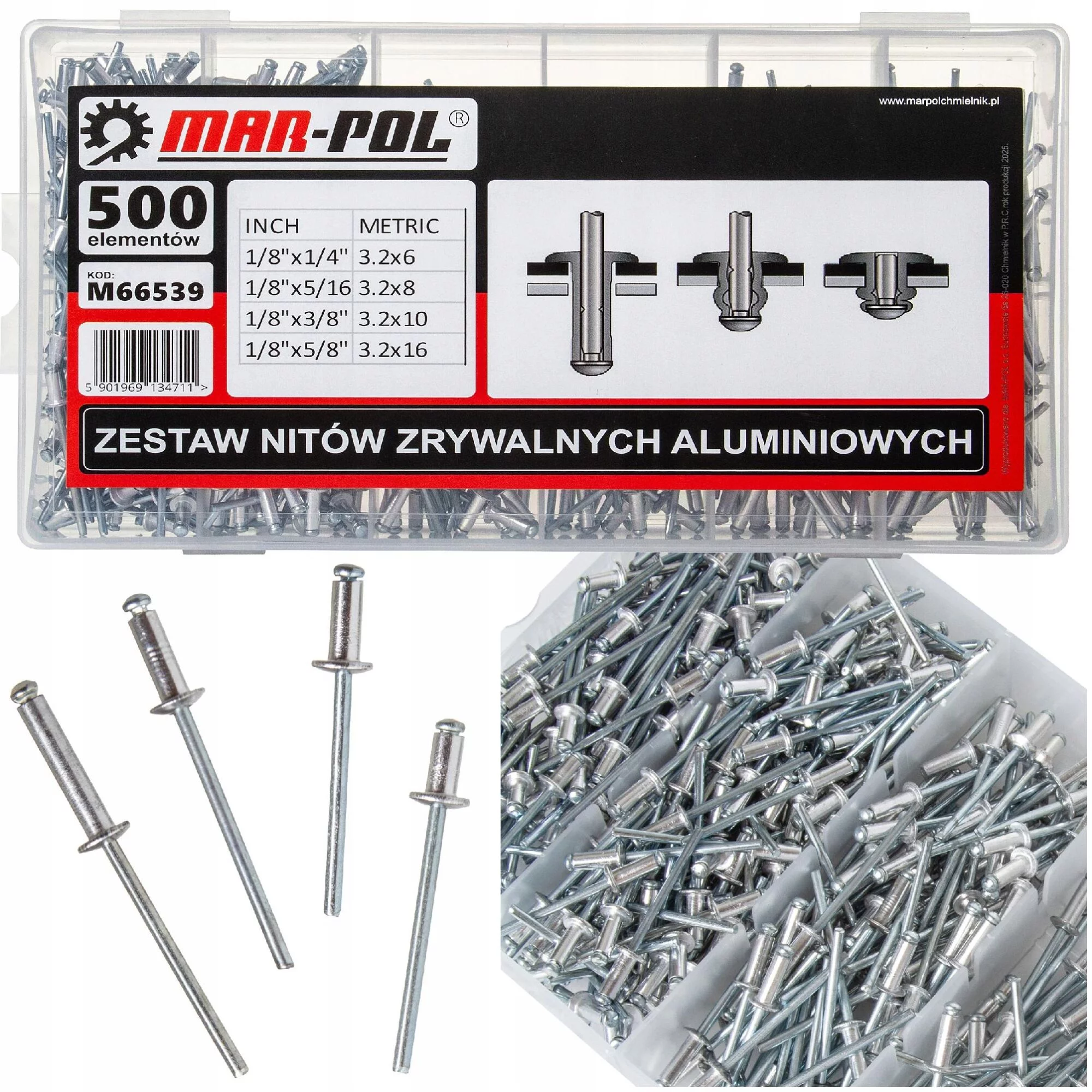 NITY ALUMINIOWE ZRYWALNE ZESTAW NITÓW do NITOWNICA RĘCZNA 3.2 x 500szt