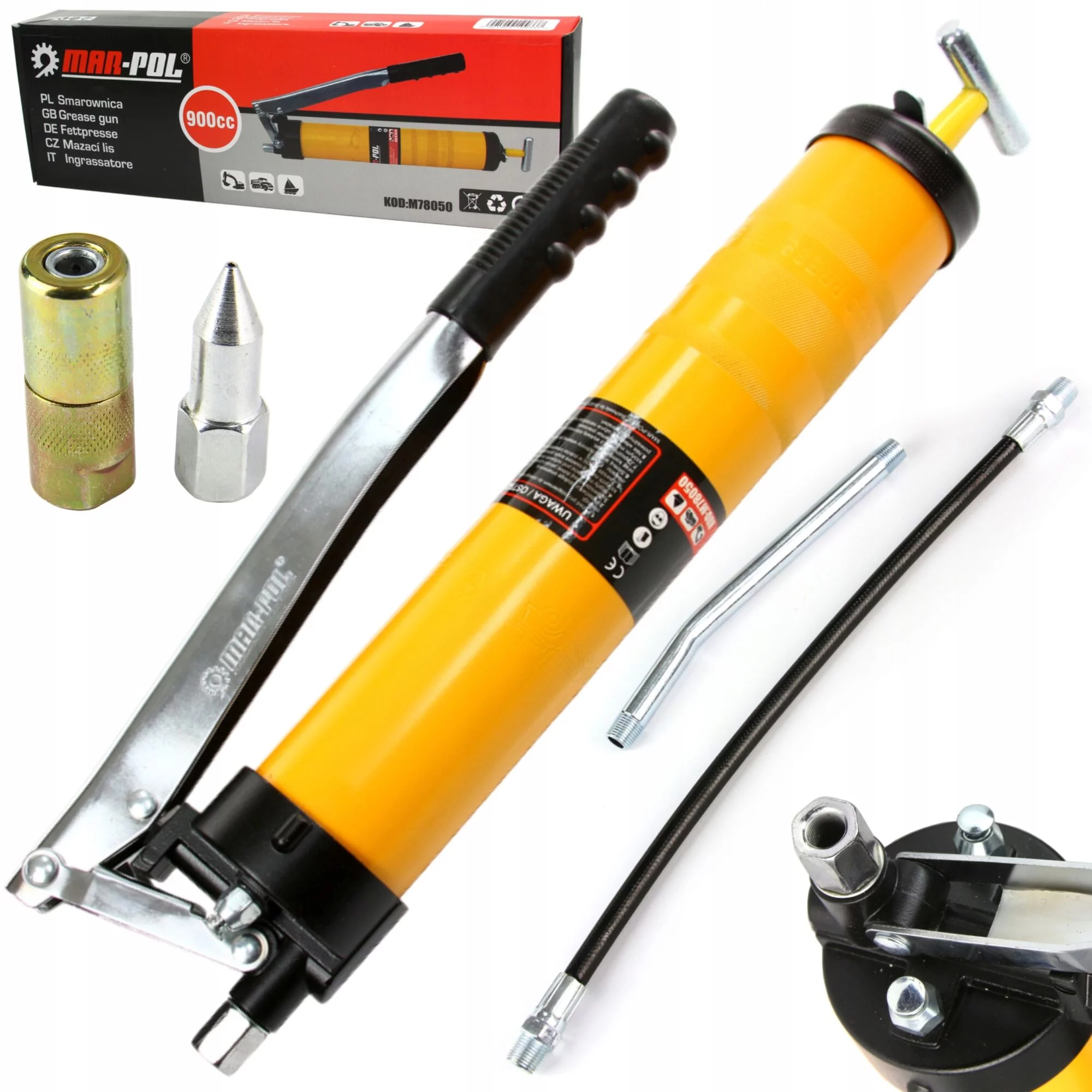 SMAROWNICA RĘCZNA DŹWIGNIOWA 900CC ŻÓŁTA GIĘTKI WĘŻYK M78050