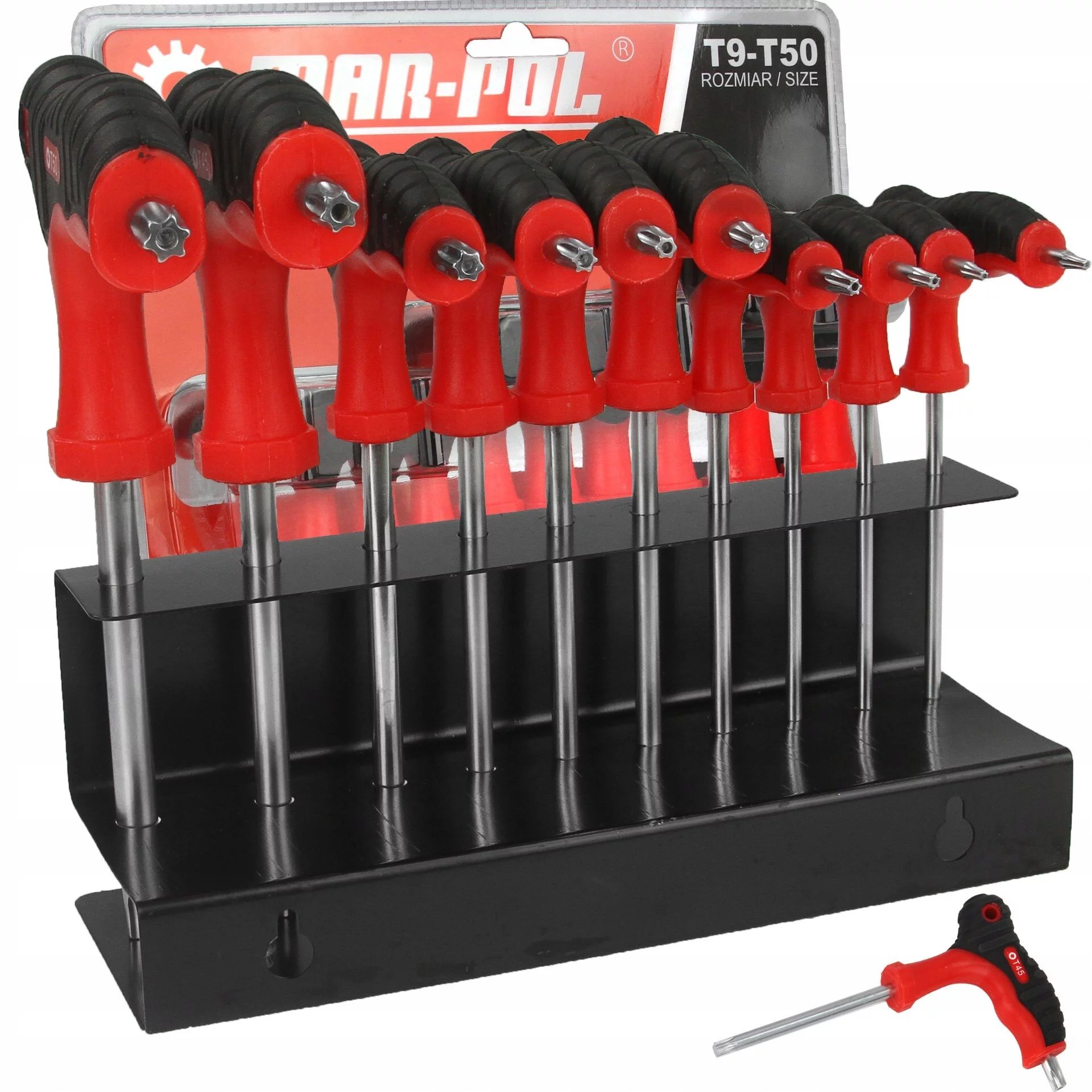 ZESTAW KLUCZE ŚRUBOKRĘTY WKRĘTAKI KĄTOWE TORX 10 SZTUK + METALOWY STOJAK