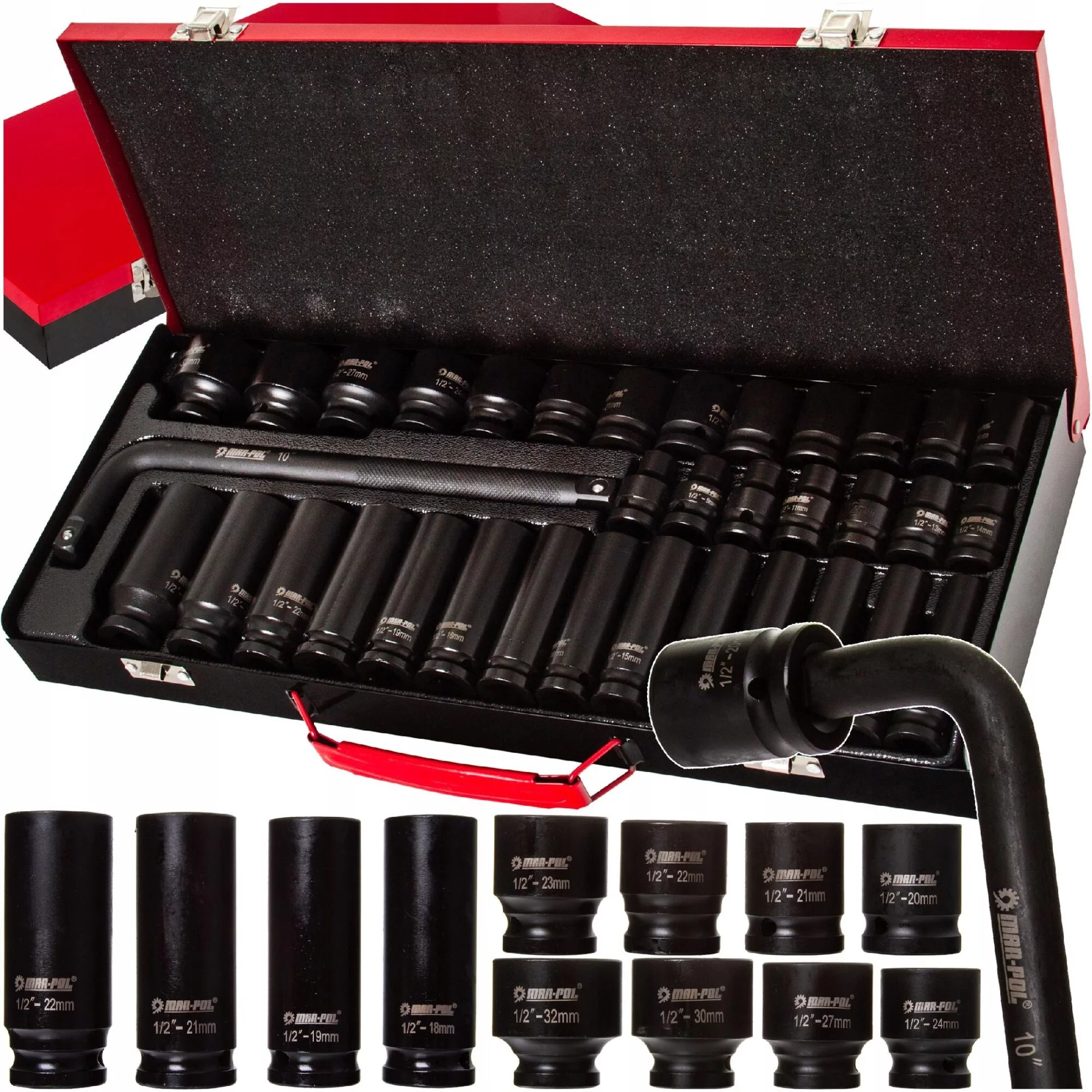 ZESTAW NASADEK UDAROWYCH 35szt 1/2" 6-KĄTNE KRÓTKIE DŁUGIE 8-32MM pokrętło