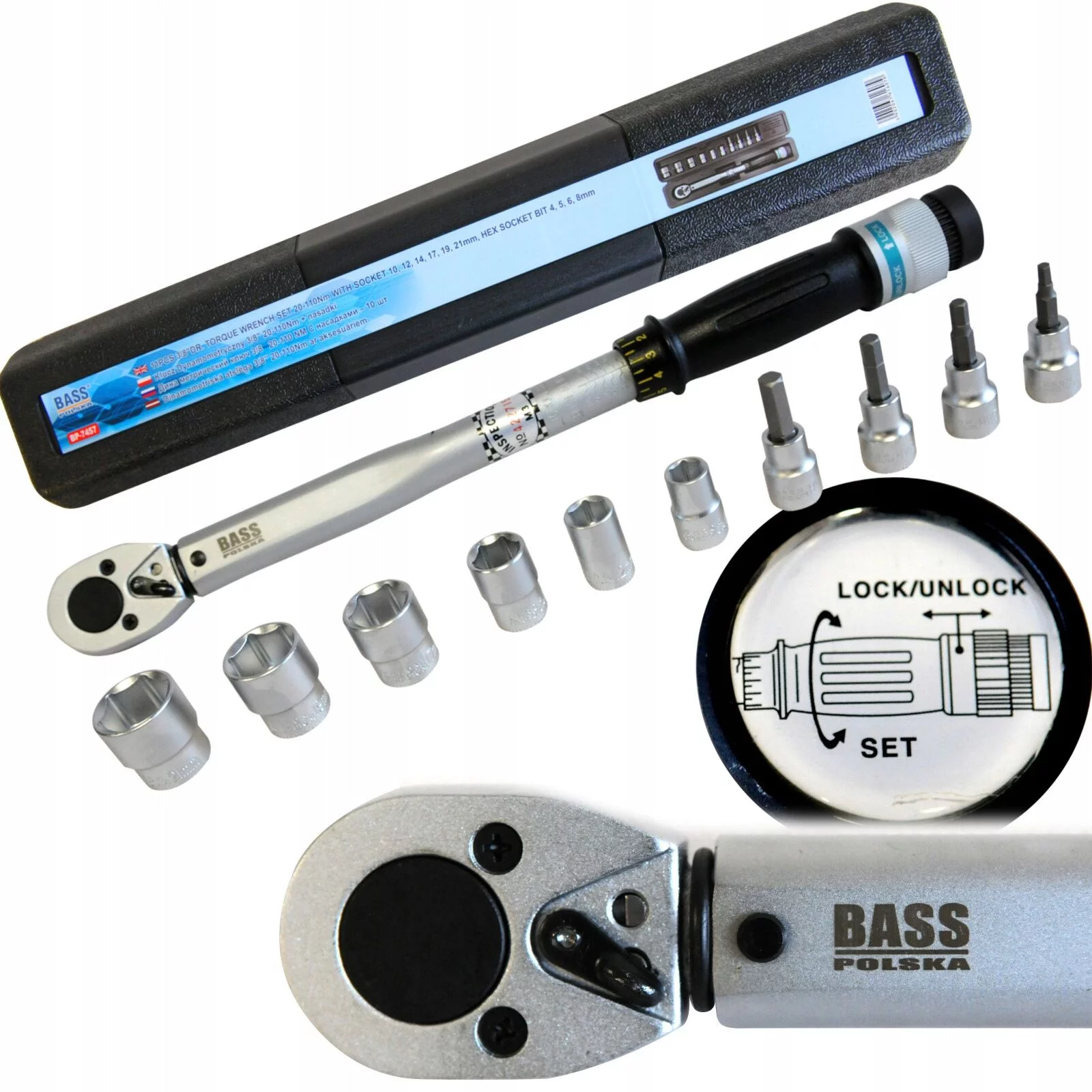 KLUCZ DYNAMOMETRYCZNY 3/8'' 20~110Nm + NASADKI