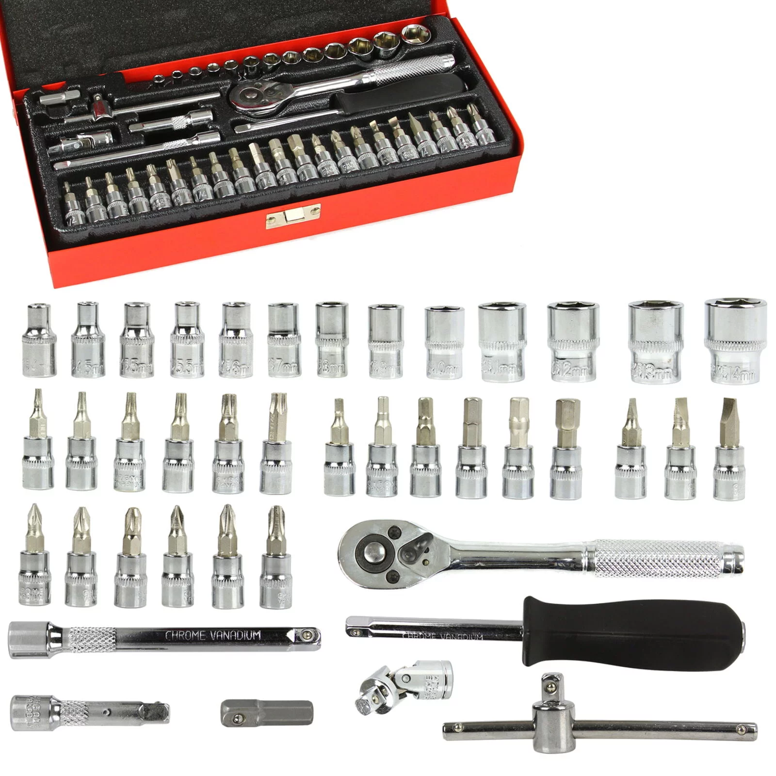 KLUCZE NASADOWE ZESTAW KLUCZY NASADEK 1/4" 4-14mm + BITY 42el.