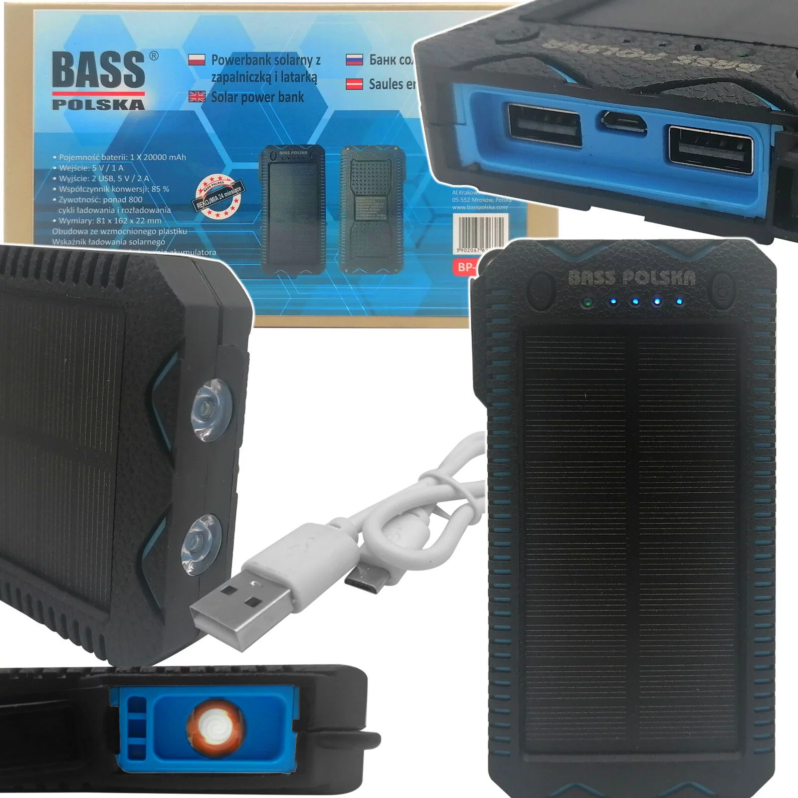 Powerbank solarny z zapalniczką żarową i latarką