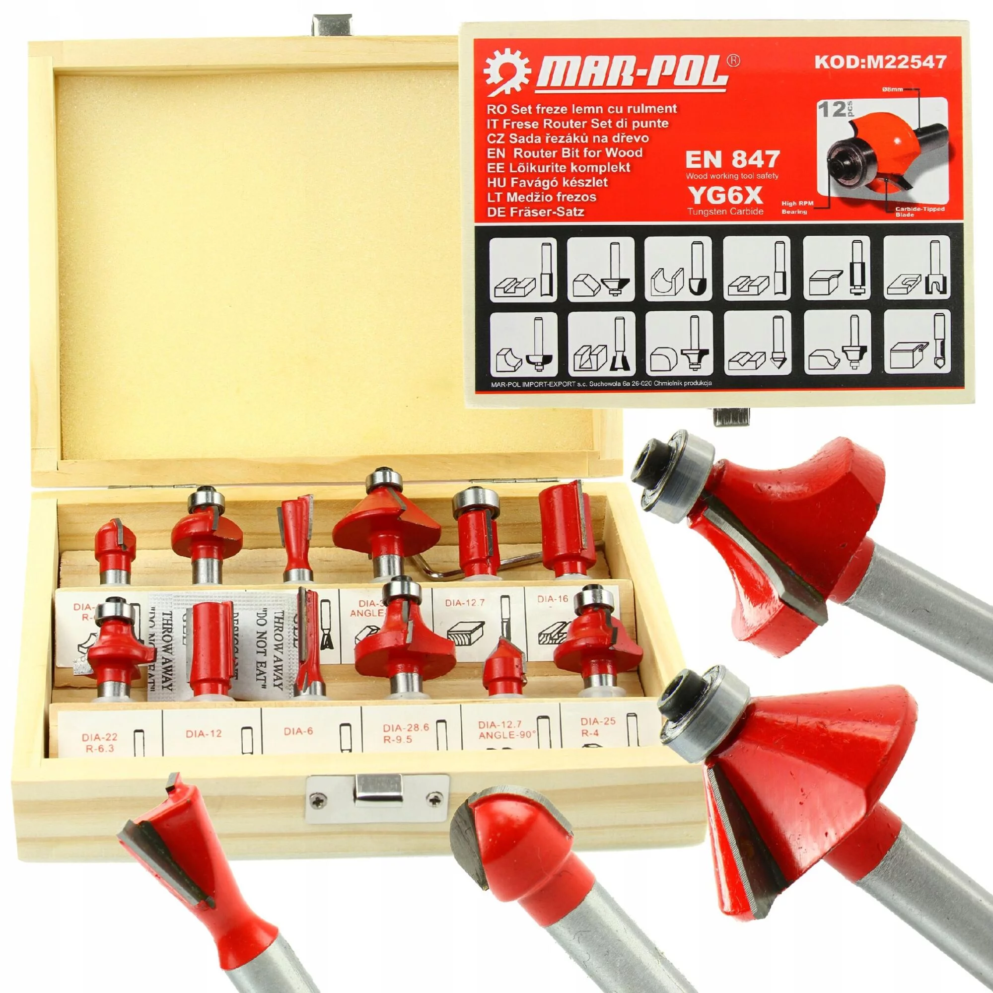 ZESTAW 12 FREZÓW KSZTAŁTOWYCH DO DREWNA FREZY 8MM