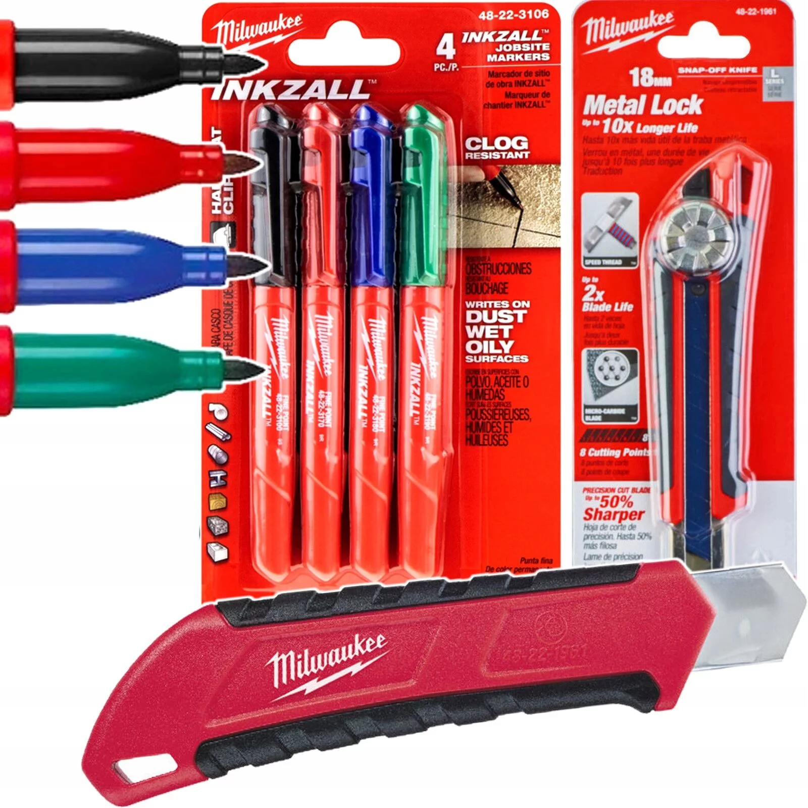 MARKERY BUDOWLANE PERMANENTNE 4 KOLORY + NÓŻ NOŻYK