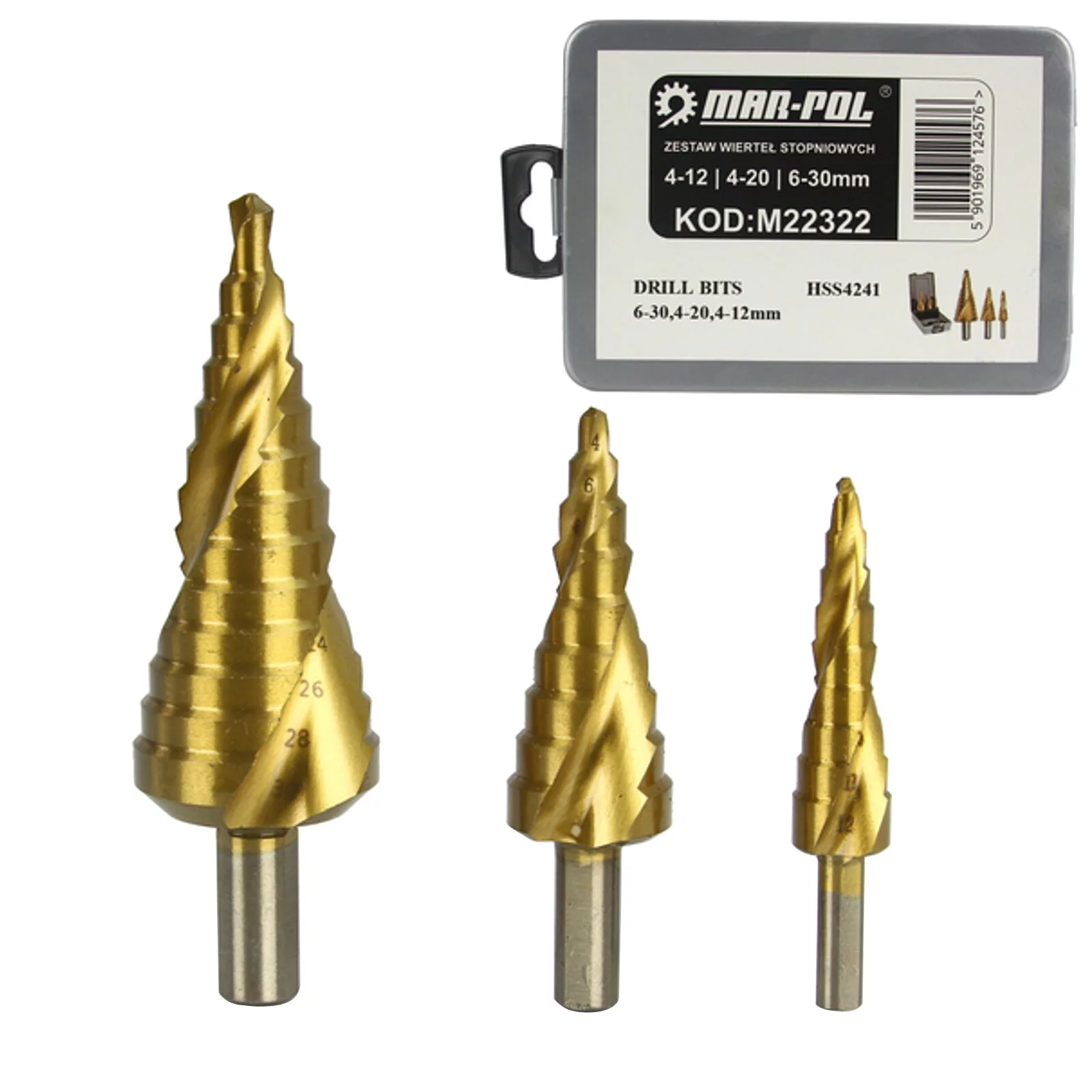 WIERTŁA STOPNIOWE STOŻKOWE SPIRALNE ZESTAW WIERTEŁ 4-12  4-20  6-30 3szt