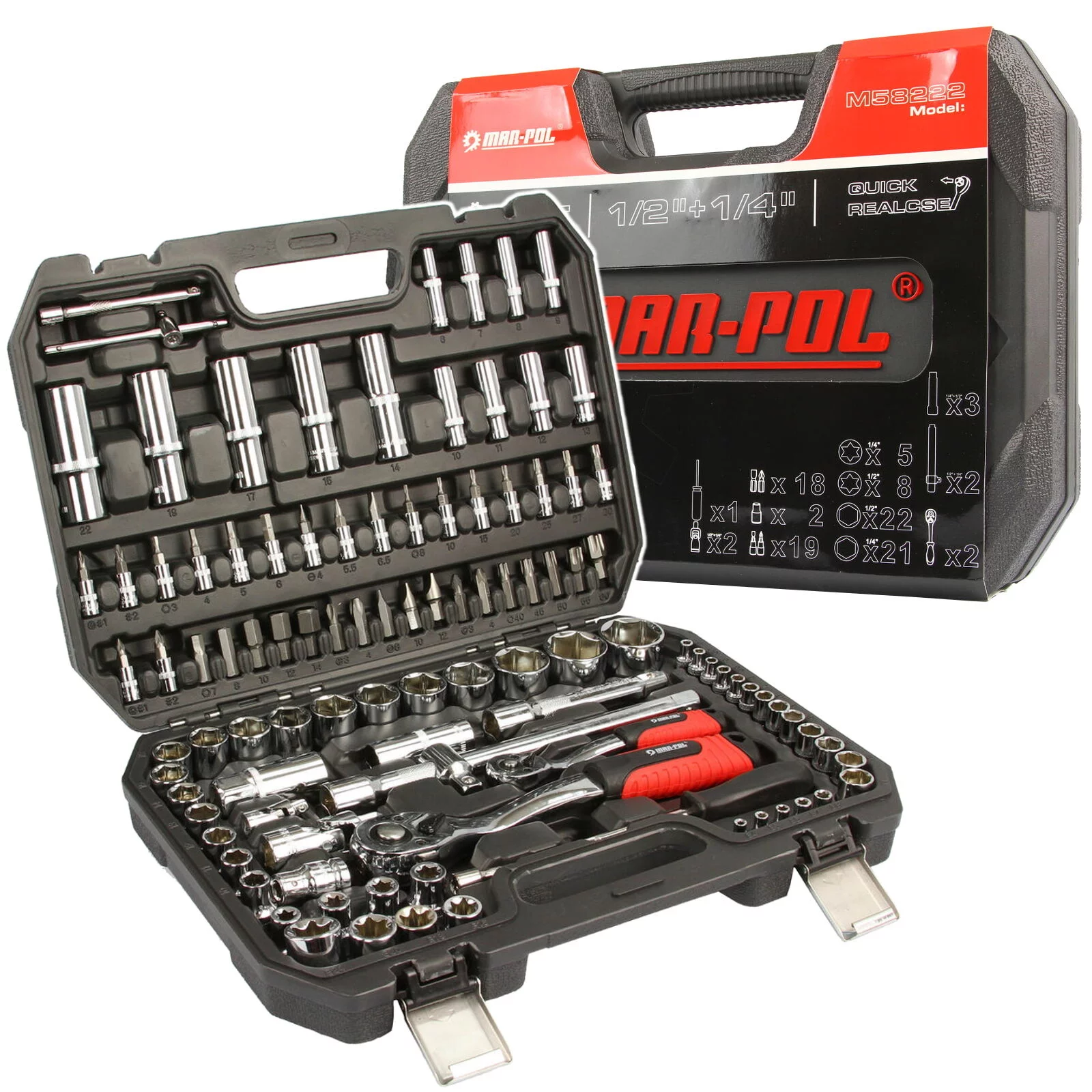 KLUCZE NASADOWE 108 el. ZESTAW NARZĘDZIOWY 1/2" 1/4" KOMPLET KLUCZY MAR-POL