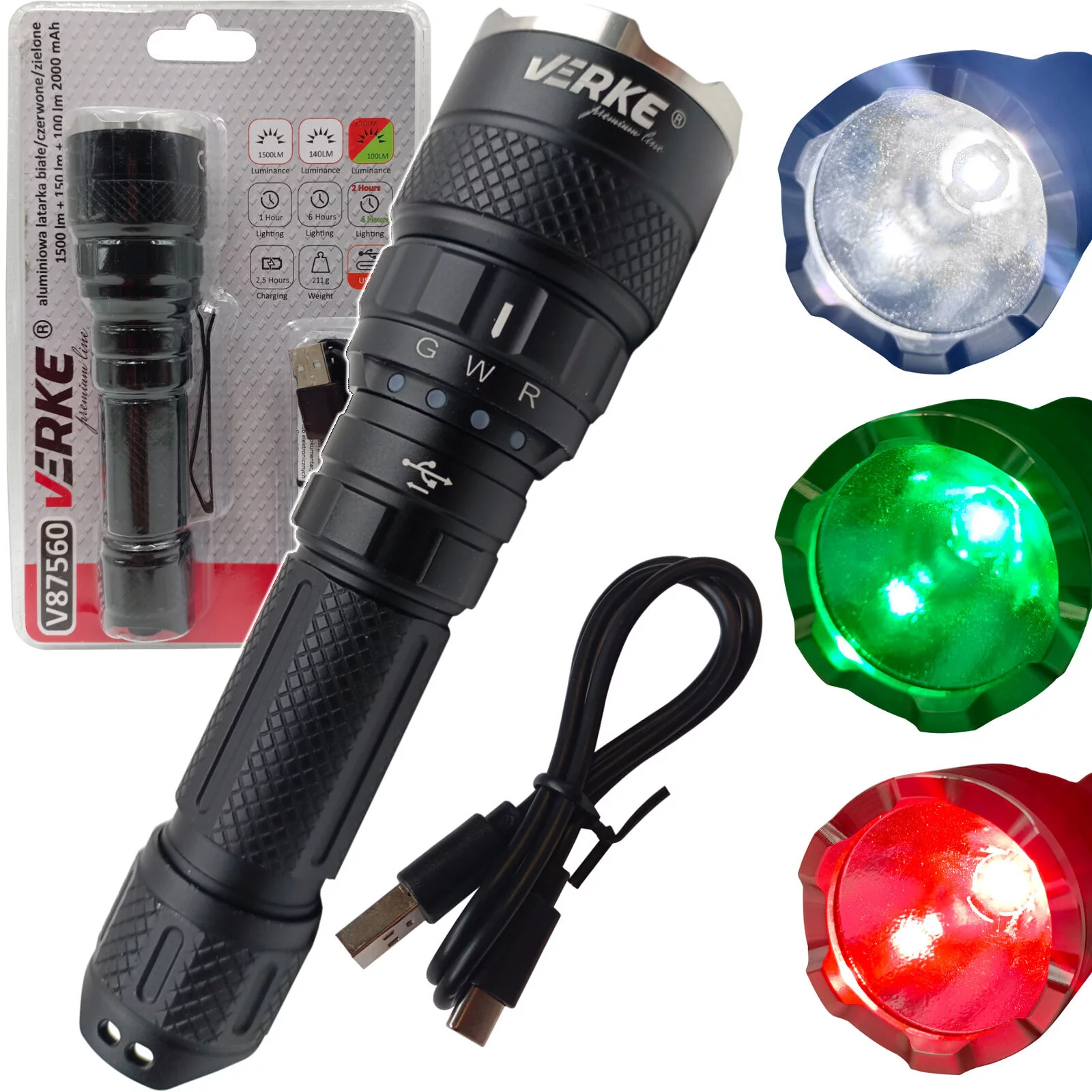 LATARKA TAKTYCZNA LED 3 KOLORY 1500lm 2000mAh